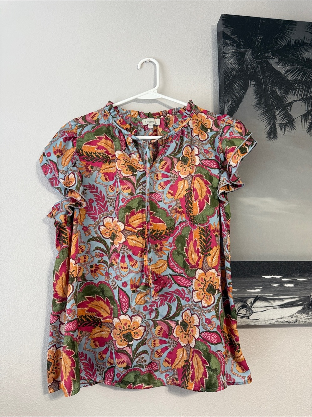 Chenault Floral Tie-Neck Ruffle Sleeve Top in Multi-Color